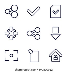 interface icons set. Set of 9 interface outline icons such as file, lock home, tick, center focus, move, share, arrow down