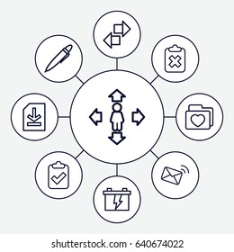 Interface icons set. set of 9 interface outline icons such as man move, battery, folder with heart, file, pen, mail, clipboard with tick, clipboard with cross