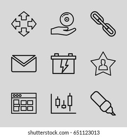 Interface icons set. set of 9 interface outline icons such as battery, chain, cd on hand, favourite user, browser window, mail, move, pen