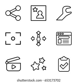 Interface icons set. set of 9 interface outline icons such as man move, browser, star, wrench, favorite photo, play, center focus, clipboard with tick