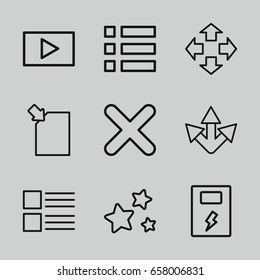 Interface icons set. set of 9 interface outline icons such as cross, star, play, battery, menu, move, arrow