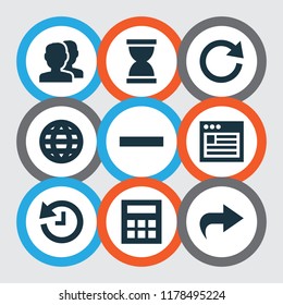 Interface icons set with ahead, hourglass, browser and other web elements. Isolated vector illustration interface icons.