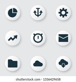 Interface icons set with anchor, folder, stopwatch and other increase elements. Isolated vector illustration interface icons.
