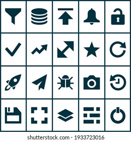 Interface icons set with bug, checkmark, reload and other floppy disk elements. Isolated vector illustration interface icons.