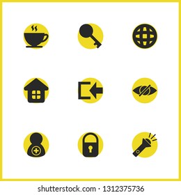 Interface icons set with coffee, flash light and language elements. Set of interface icons and profile concept. Editable vector elements for logo app UI design.