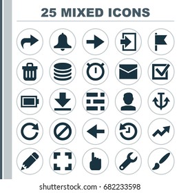 Interface Icons Set. Collection Of Armature, Db, Siren And Other Elements. Also Includes Symbols Such As Light, Ban, Forward.