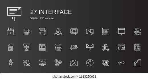interface icons set. Collection of interface with email, share, notification, buttons, draw, mailing, watch, van, message, mouse, chat. Editable and scalable interface icons.