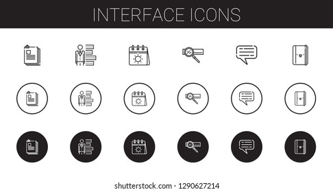 interface icons set. Collection of interface with files, bar chart, calendar, search engine, chat, notebook. Editable and scalable interface icons.