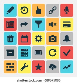 Interface Icons Set. Collection Of Recycle Bin, Wrench, Cursor And Other Elements. Also Includes Symbols Such As Dashboard, Mike, Refresh.