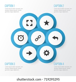 Interface Icons Set. Collection Of Second Meter, Return, Options And Other Elements. Also Includes Symbols Such As Shot, Forward, Full.