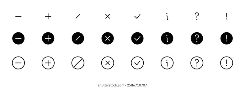 Interface Icons Set. dash, plus, slash, check, info, question, exclamation collection. Perfect for Website, App, and digital project with clean, Fully scalable and customizable for print and digital.