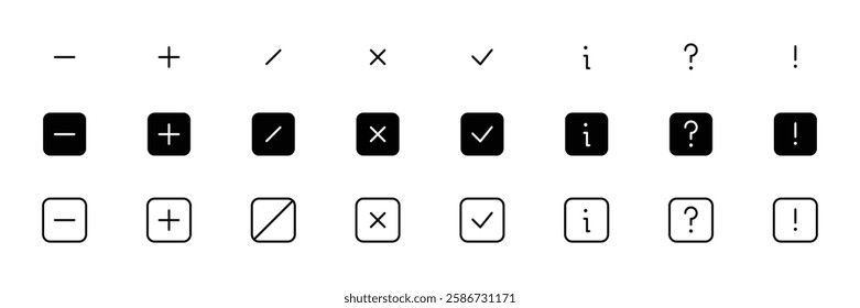 Interface Icons Set. dash, plus, slash, check, info, question, exclamation collection. Perfect for Website, App, and digital project with clean, Fully scalable and customizable for print and digital.