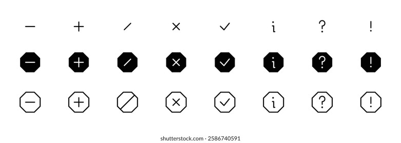 Interface Icons Set. dash, plus, slash, check, info, question, exclamation collection. Perfect for Website, App, and digital project with clean, Fully scalable and customizable for print and digital.