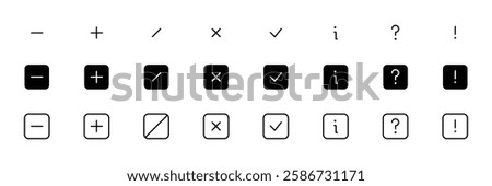 Interface Icons Set. dash, plus, slash, check, info, question, exclamation collection. Perfect for Website, App, and digital project with clean, Fully scalable and customizable for print and digital.