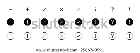 Interface Icons Set. dash, plus, slash, check, info, question, exclamation collection. Perfect for Website, App, and digital project with clean, Fully scalable and customizable for print and digital.