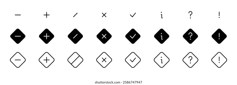 Interface Icons Set diamond. dash, plus, slash, check, info, question, collection. Perfect for Website, App, and digital project with clean, Fully scalable and customizable for print and digital.