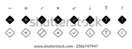 Interface Icons Set diamond. dash, plus, slash, check, info, question, collection. Perfect for Website, App, and digital project with clean, Fully scalable and customizable for print and digital.