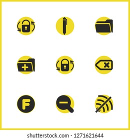 Interface icons set with f symbol, no wifi and switch off elements. Set of interface icons and magnifying concept. Editable vector elements for logo app UI design.