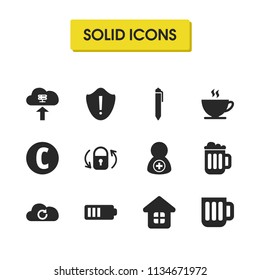 Interface icons set with glass, pen and middle of charge elements. Set of interface icons and turn off concept. Editable vector elements for logo app UI design.