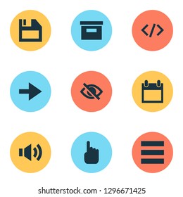 Interface icons set with hide, diskette, code and other date  elements. Isolated vector illustration interface icons.