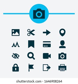 Interface icons set with lock, print, cut and other quest elements. Isolated vector illustration interface icons.