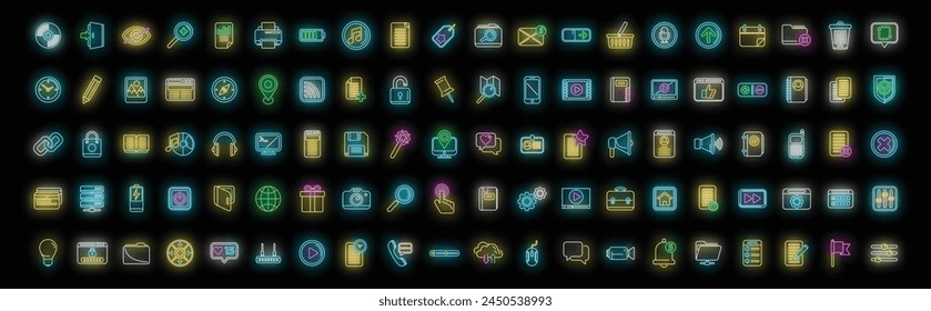 Interface icons set outline vector. Comment browser. Web api neon color on black