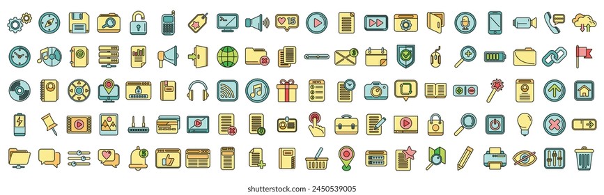 Interface icons set outline vector. Comment browser. Web api thin line color flat on white