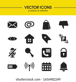 Interface icons set with phone book, attach file and package elements. Set of interface icons and maximize concept. Editable vector elements for logo app UI design.