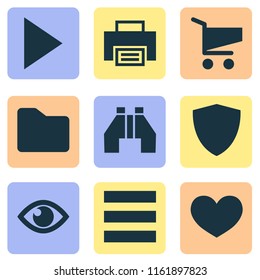 Interface icons set with play, protect, find and other eye elements. Isolated vector illustration interface icons.