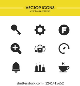 Interface icons set with rating, f symbol and tool elements. Set of interface icons and speedometer concept. Editable vector elements for logo app UI design.