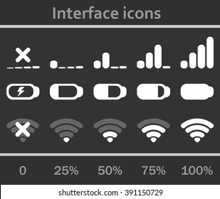 Interface icons set. Status signal battery icon set vector. White and gray colors. Rounded corners. Phone set graphic.