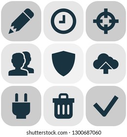 Interface icons set with target, trash can, wait and other goal elements. Isolated vector illustration interface icons.