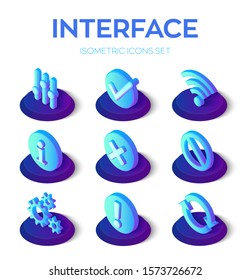 Interface icons set. User interface 3D isometric icons for mobile and web. Accepted, Wi-fi, Update, Gears, Settings, Info, Banned, Rejected. Vector illustration.