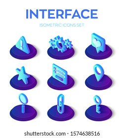 Interface icons set. User interface 3D isometric icons for mobile and web. Warning, Gears, Like, Favorite, Login form, Location, Search, Link, Key. Vector illustration.