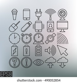 Interface icons set. Vector dark grey stroke symbols collection. Smart phone black line sign. Menu. EPS 8. Webcam. Monitor. Cloud service