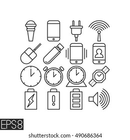 Interface icons set. Vector dark grey stroke symbols collection. Smart phone sign isolated on white background. Menu. EPS 8.