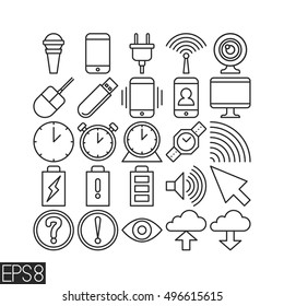 Interface icons set. Vector dark grey stroke symbols collection. Smart phone black line sign  isolated on white background. Menu. EPS 8. Webc am. Monitor. Cloud service. Eye. USB drive. Watches.