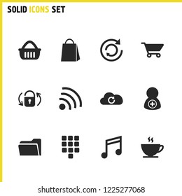 Interface icons set with wifi, switch on and basket elements. Set of interface icons and profile concept. Editable vector elements for logo app UI design.