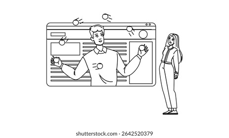 interface interaction design website vector. navigation prototype, wireframe mobile, responsive accessibility interface interaction design website character. people black line pencil illustration