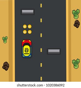 Interface with item of racing game or traffic game and road desert and cactus
concept  background. game design