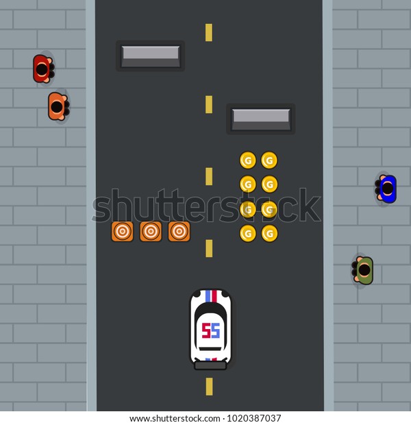 Interface with item of racing\
game or traffic game and road city concept   background. game\
design
