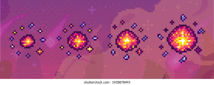 Interface layout design. Orange pixel alien sky with unknown substance. Pixel game about space vector illustration. Outer space as background for game. Pixelated purple sky with small explosions