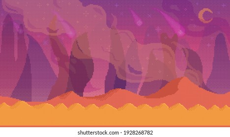 Interface layout design. Orange pixelated alien sky with ground and flames. Pixel game about space vector illustration. Outer space as background for game. Pixelated purple sky with red gradient