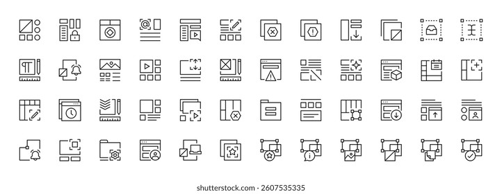 Interface and Layout icon collection. Grid icon set. User interface icons, sidebar, layout, grid system, toolbar, wireframe, alignment guide, configuration and more. Editable stroke. Pixel Perfect.