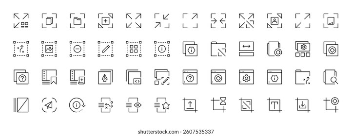 Interface and Layout icon collection. Grid icon set. User interface icons, sidebar, layout, grid system, toolbar, wireframe, alignment guide, configuration and more. Editable stroke. Pixel Perfect.