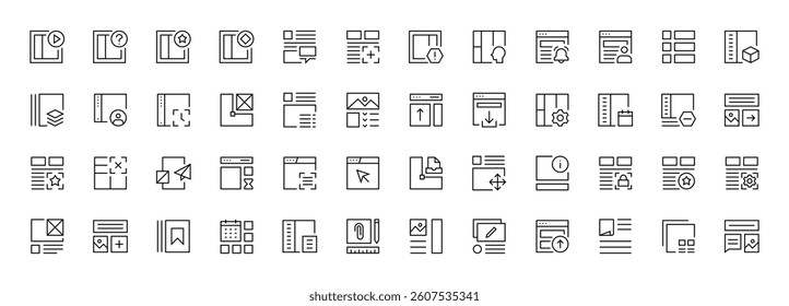 Interface and Layout icon collection. Grid icon set. User interface icons, sidebar, layout, grid system, toolbar, wireframe, alignment guide, configuration and more. Editable stroke. Pixel Perfect.