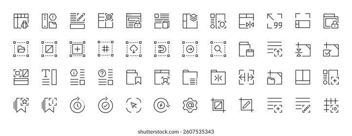 Interface and Layout icon collection. Grid icon set. User interface icons, sidebar, layout, grid system, toolbar, wireframe, alignment guide, configuration and more. Editable stroke. Pixel Perfect.