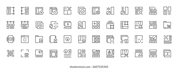 Interface and Layout icon collection. Grid icon set. User interface icons, sidebar, layout, grid system, toolbar, wireframe, alignment guide, configuration and more. Editable stroke. Pixel Perfect.