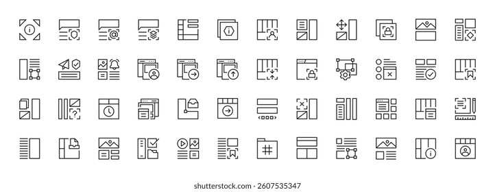 Interface and Layout icon collection. Grid icon set. User interface icons, sidebar, layout, grid system, toolbar, wireframe, alignment guide, configuration and more. Editable stroke. Pixel Perfect.
