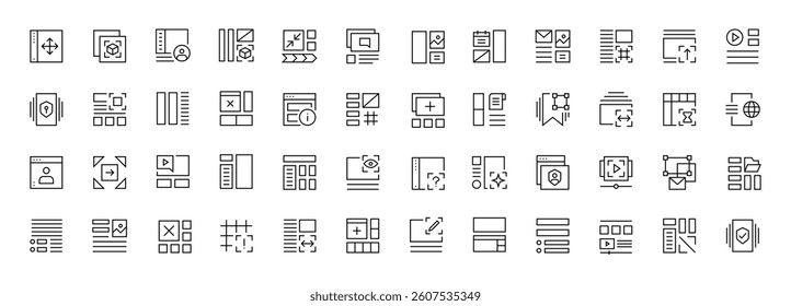 Interface and Layout icon collection. Grid icon set. User interface icons, sidebar, layout, grid system, toolbar, wireframe, alignment guide, configuration and more. Editable stroke. Pixel Perfect.